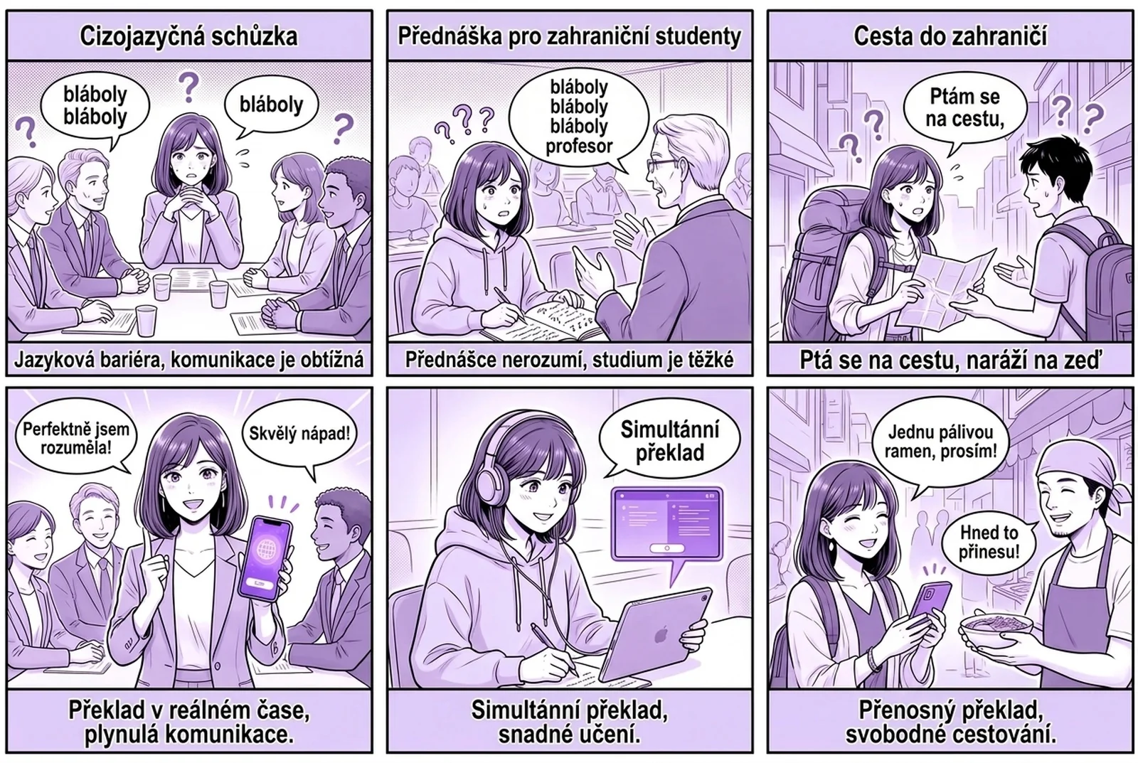 Šestidílný komiks ukazuje, jak funguje aplikace okamžitého hlasového překladu Felo Překladač ve třech běžných situacích: na vícejazyčné obchodní schůzce, na přednášce mezinárodních studentů a na cestách do zahraničí. V každé scéně se mluvené slovo okamžitě přepisuje do textu a překládá do jiného jazyka, přičemž oba jazyky jsou zobrazeny vedle sebe.