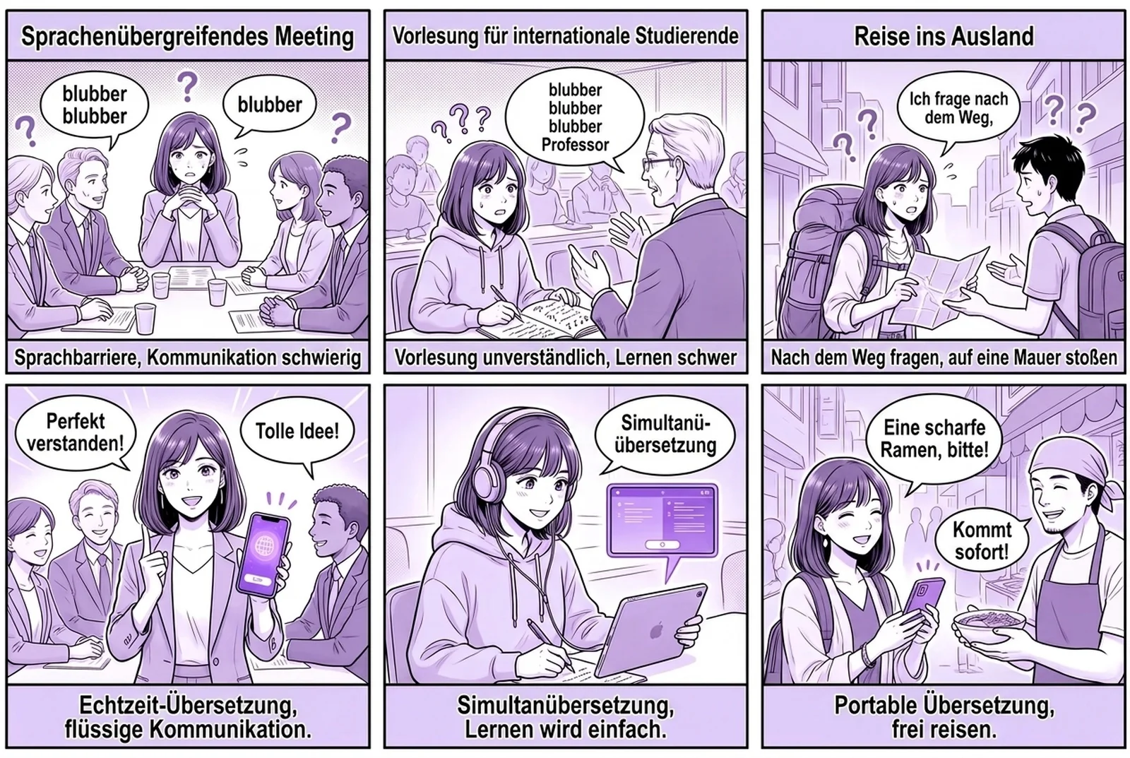 Ein sechsteiliger Comic zeigt, wie die Echtzeit-Sprachübersetzungs-App Felo Translator in drei Alltagsszenarien funktioniert: im mehrsprachigen Business-Meeting, im Hörsaal mit internationalen Studierenden und auf einer Auslandsreise. In jeder Szene wird das Gesprochene sofort transkribiert und in eine andere Sprache übersetzt – beide Sprachen werden in der App nebeneinander angezeigt. Ein sechsteiliger Comic zeigt, wie die Echtzeit-Sprachübersetzungs-App Felo Translator in drei Alltagsszenarien funktioniert: im mehrsprachigen Business-Meeting, im Hörsaal mit internationalen Studierenden und auf einer Auslandsreise. In jeder Szene wird das Gesprochene sofort transkribiert und in eine andere Sprache übersetzt – beide Sprachen werden in der App nebeneinander angezeigt.