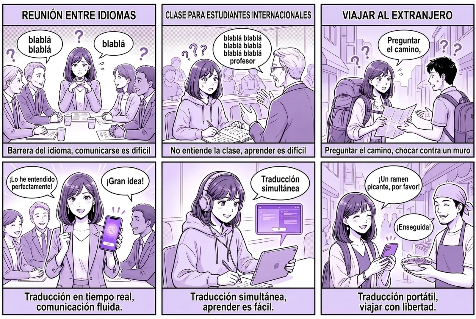 Un cómic de seis viñetas muestra cómo funciona la aplicación de traducción de voz en tiempo real Felo Translator en tres escenas cotidianas: una reunión de negocios multilingüe, una clase con estudiantes internacionales y un viaje al extranjero. En cada escena, lo hablado se transcribe al instante y se traduce a otro idioma, con las dos lenguas mostradas una al lado de la otra en la app.