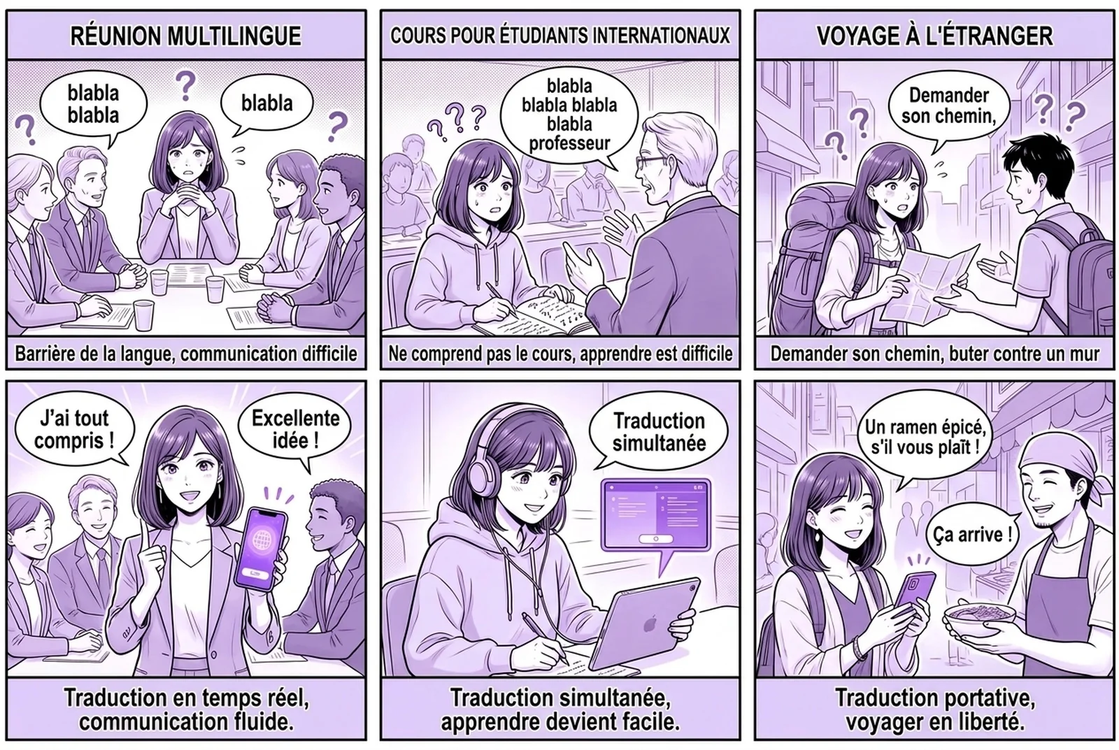 Une bande dessinée de six vignettes montre comment fonctionne l'application de traduction vocale en temps réel Felo Translator dans trois scènes du quotidien : une réunion d'affaires multilingue, un cours avec des étudiants internationaux et un voyage à l'étranger. Chaque scène détaille la voix transcrite instantanément puis traduite dans une autre langue, les deux langues affichées côte à côte dans l'application.