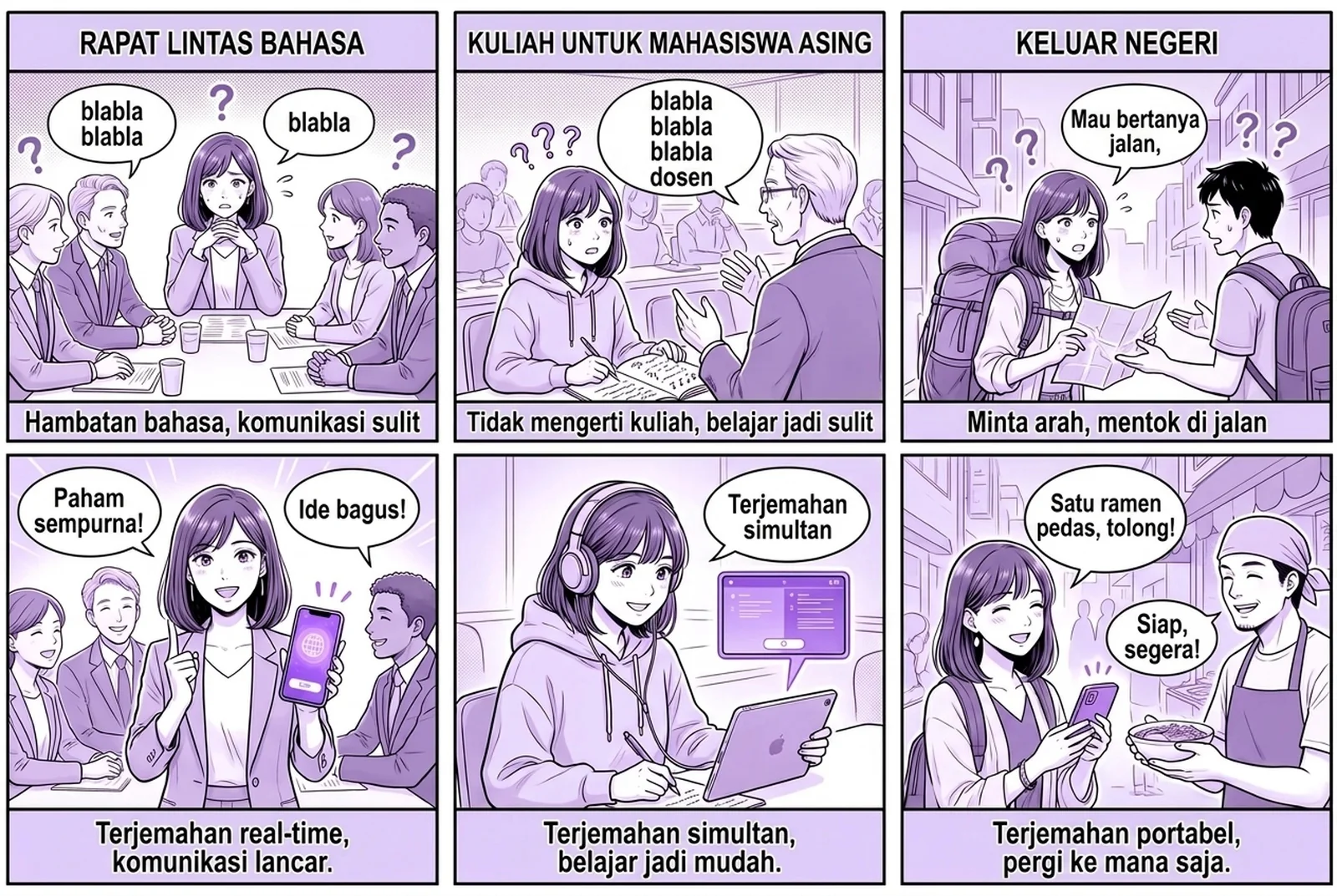 Komik enam panel memperlihatkan cara kerja aplikasi penerjemah suara real-time Penerjemah Felo dalam tiga situasi sehari-hari: rapat bisnis multibahasa, perkuliahan bersama mahasiswa internasional, dan perjalanan ke luar negeri. Di setiap panel, ucapan langsung diubah menjadi teks dan diterjemahkan ke bahasa lain, dengan dua bahasa ditampilkan berdampingan di aplikasi.