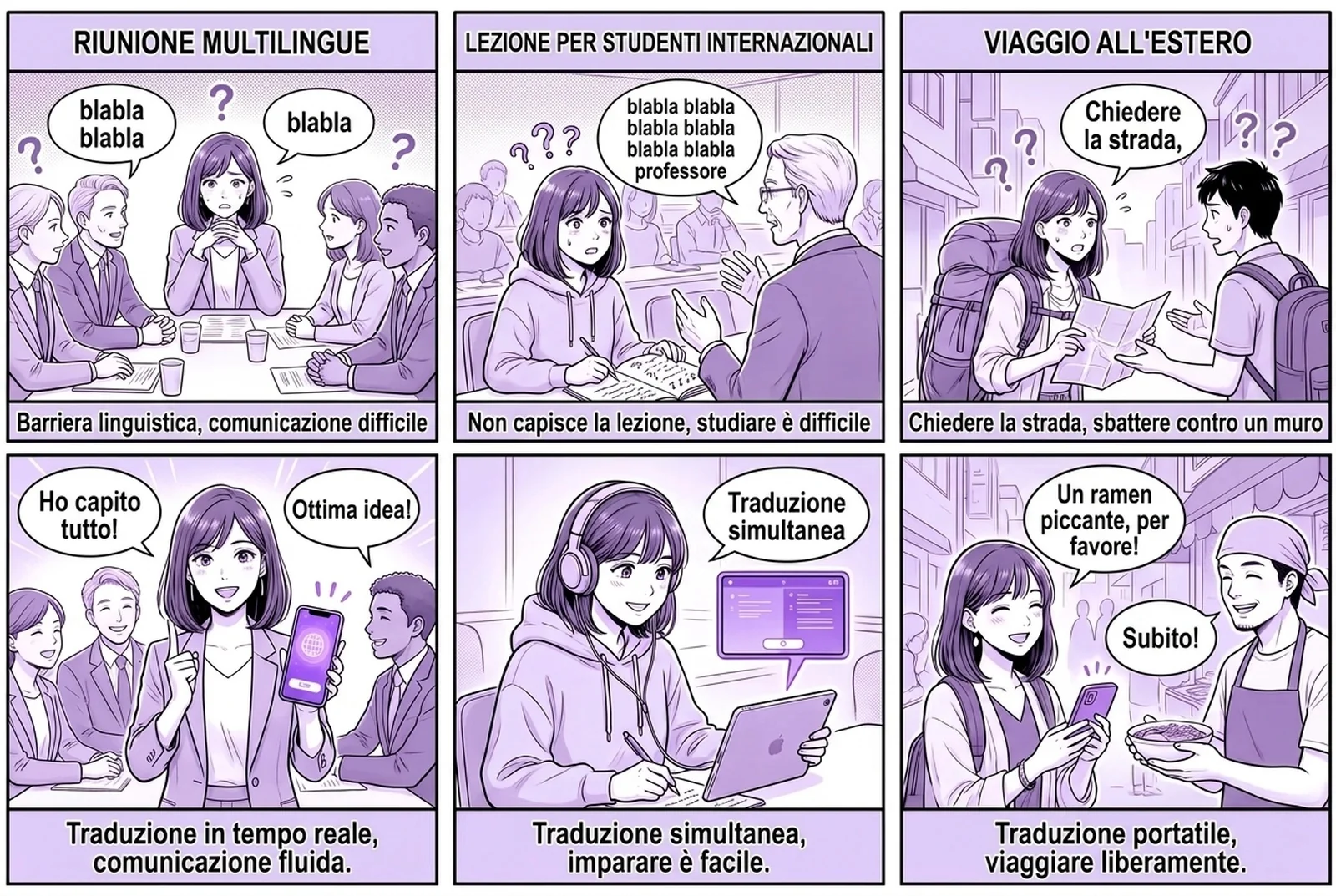 Un fumetto di sei vignette mostra come funziona l'app di traduzione vocale in tempo reale Felo Translator in tre scene quotidiane: una riunione di lavoro multilingue, una lezione con studenti internazionali e un viaggio all'estero. In ogni scena la voce viene trascritta all'istante e tradotta in un'altra lingua, con le due lingue affiancate nell'app. Un fumetto di sei vignette mostra come funziona l'app di traduzione vocale in tempo reale Felo Translator in tre scene quotidiane: una riunione di lavoro multilingue, una lezione con studenti internazionali e un viaggio all'estero. In ogni scena la voce viene trascritta all'istante e tradotta in un'altra lingua, con le due lingue affiancate nell'app.