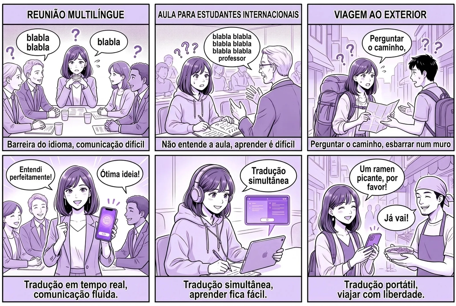 Uma história em quadrinhos de seis painéis mostra como funciona o aplicativo de tradução de voz em tempo real Felo Translator em três situações do dia a dia: uma reunião de negócios multilíngue, uma aula com estudantes internacionais e uma viagem ao exterior. Em cada painel, o que é falado é transcrito na hora e traduzido para outro idioma, com os dois idiomas exibidos lado a lado no aplicativo.