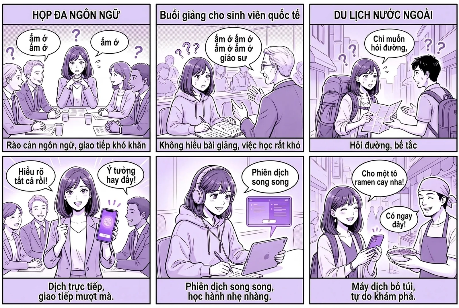Truyện tranh sáu khung giới thiệu cách dùng ứng dụng dịch giọng nói theo thời gian thực Felo Translator trong ba tình huống đời thường: cuộc họp kinh doanh đa ngôn ngữ, buổi giảng cho sinh viên quốc tế và chuyến du lịch nước ngoài. Mỗi khung đều thể hiện lời nói được chuyển thành văn bản và dịch ngay sang ngôn ngữ khác, hai ngôn ngữ hiển thị song song trong ứng dụng.