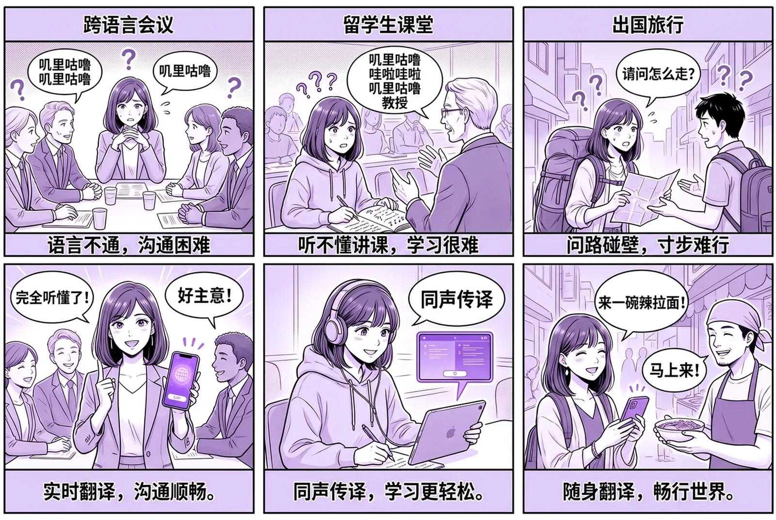 一幅6格故事漫画,介绍 Felo 实时翻译 App 在三个日常场景中的使用:多语言商务会议、面向国际学生的课堂、海外旅行。每个场景都展示说话内容被实时转写、并翻译成另一种语言的过程,两种语言在 App 中并排呈现。 一幅6格故事漫画,介绍 Felo 实时翻译 App 在三个日常场景中的使用:多语言商务会议、面向国际学生的课堂、海外旅行。每个场景都展示说话内容被实时转写、并翻译成另一种语言的过程,两种语言在 App 中并排呈现。