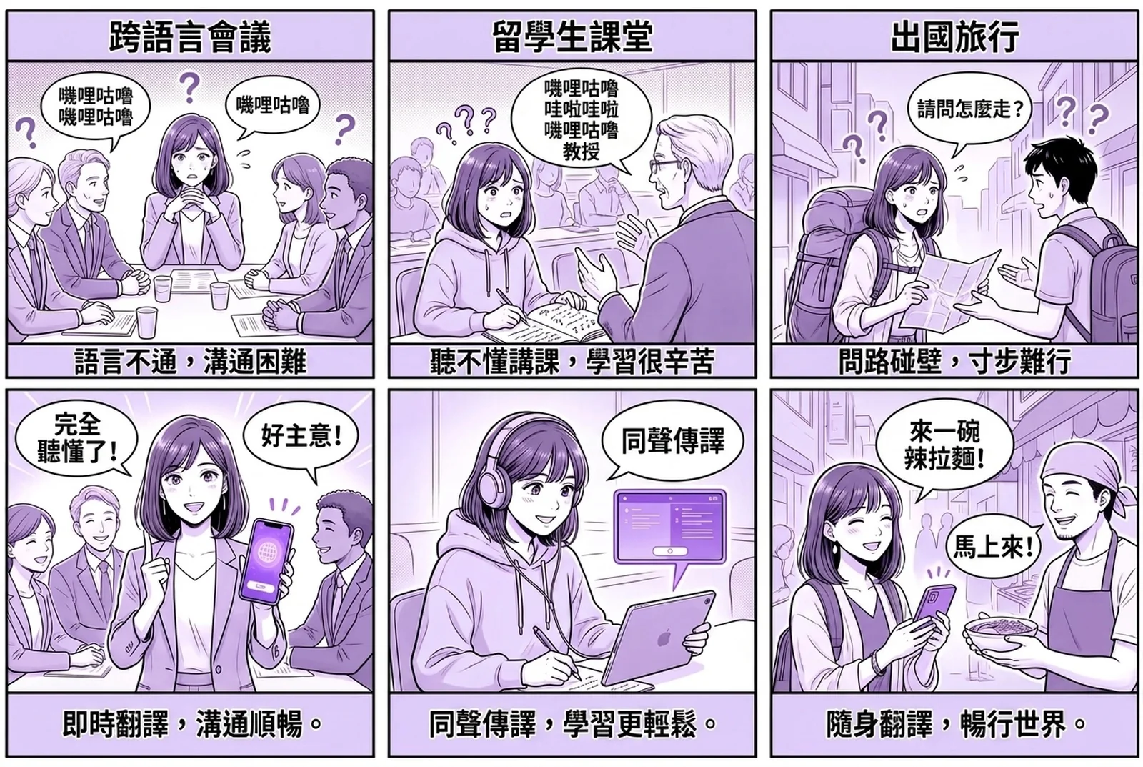 一幅6格故事漫畫，介紹 Felo 翻譯機即時語音翻譯 App 在三個日常場景中的使用：多語言商務會議、國際學生的課堂、海外旅行。每個場景都展示說話內容被即時轉寫、並翻譯成另一種語言的過程，兩種語言在 App 中並排呈現。